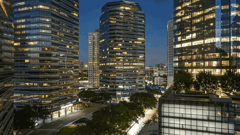 Aerial drone view of commercial buildings in Houston showcasing urban development and real estate infrastructure