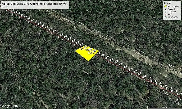 Aerial map showing gas leak GPS readings over forest area with highlighted zone of interest.