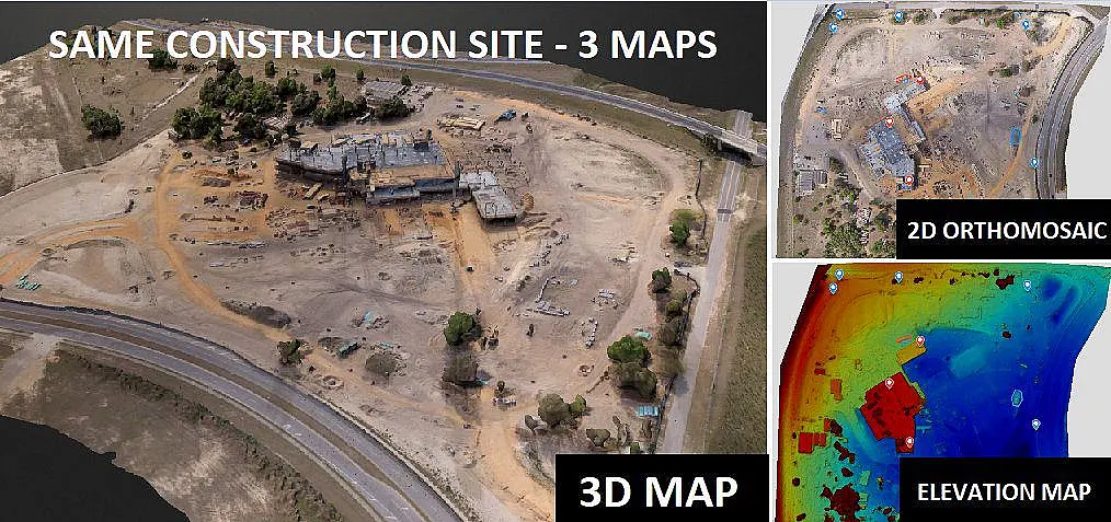Three different maps of the same construction site: 3D, 2D orthomosaic, and elevation map.