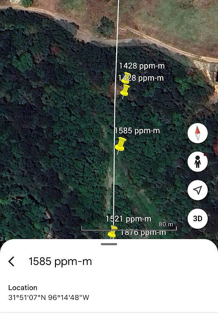Map showing CO2 levels at different points in a forested area.