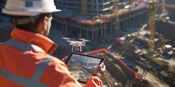 Worker controls drone at construction site.