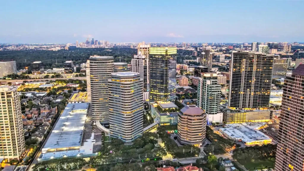 Aerial drone view of Houston skyline capturing commercial real estate and urban development