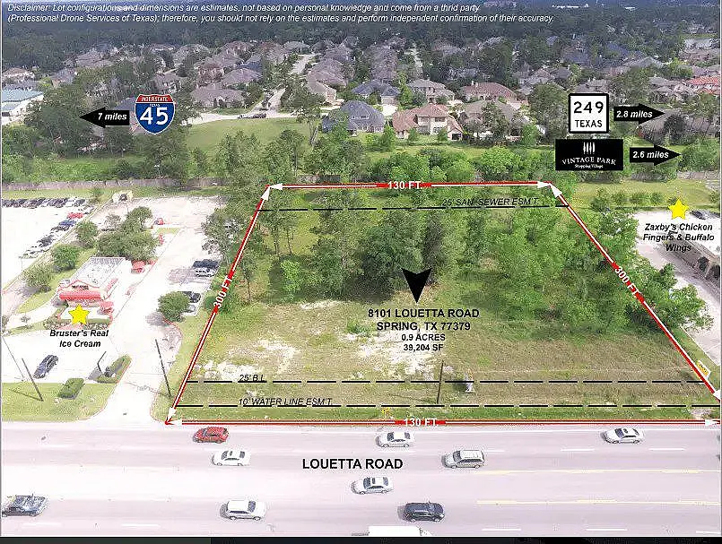 Drone aerial site map showing property boundaries and dimensions on Louetta Road in Spring, Texas