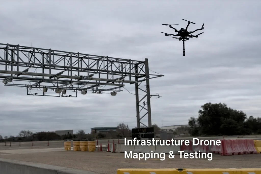 Drone performing infrastructure inspection and mapping near roadway gantry system for data collection and testing in Texas