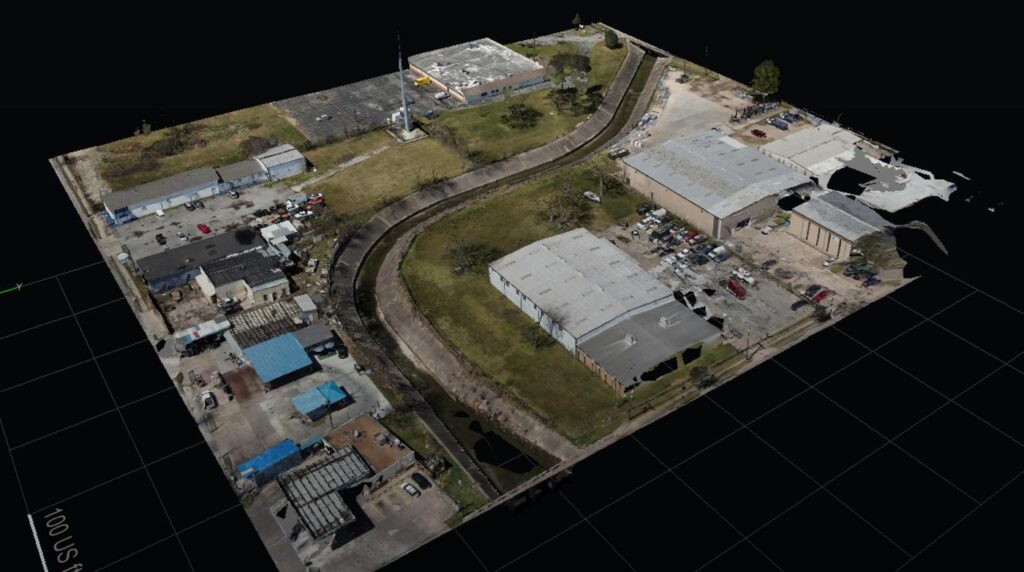 Drone surveying and 3D mapping for infrastructure and land development showing aerial site model and construction layout